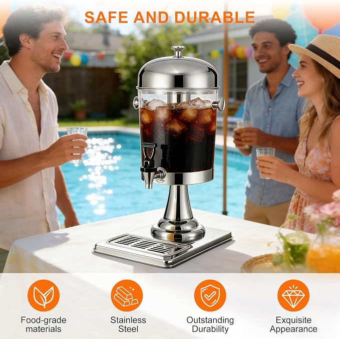 2.2 Gallon Iced Beverage Drink Dispenser, Stainless Steel Water Jar with Stand, Iced Beverage Drink Dispenser for Parties, Commercial Hot Cold Juice, Hot & Cold Drinks