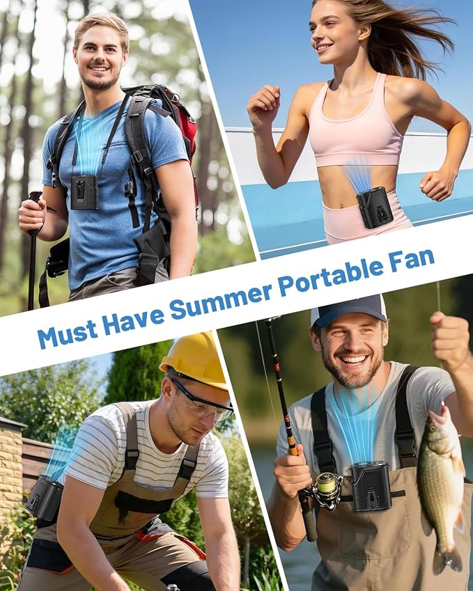 W & O Portable Fan Rechargeable,Personal Waist Clip on fan 4 Speeds & Flashlight Hands-FreeHanging Neck Fan, 20H Cooling For Outdoor Camping Travel (Black)