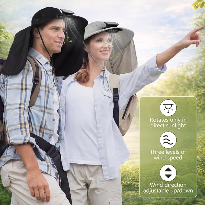 Maiteenly 2 Pcs Solar Fan Hat for Men with Neck Flap Bucket Fan Buit in Hats for Hiking Fishing Outdoor USB and Solar Powered