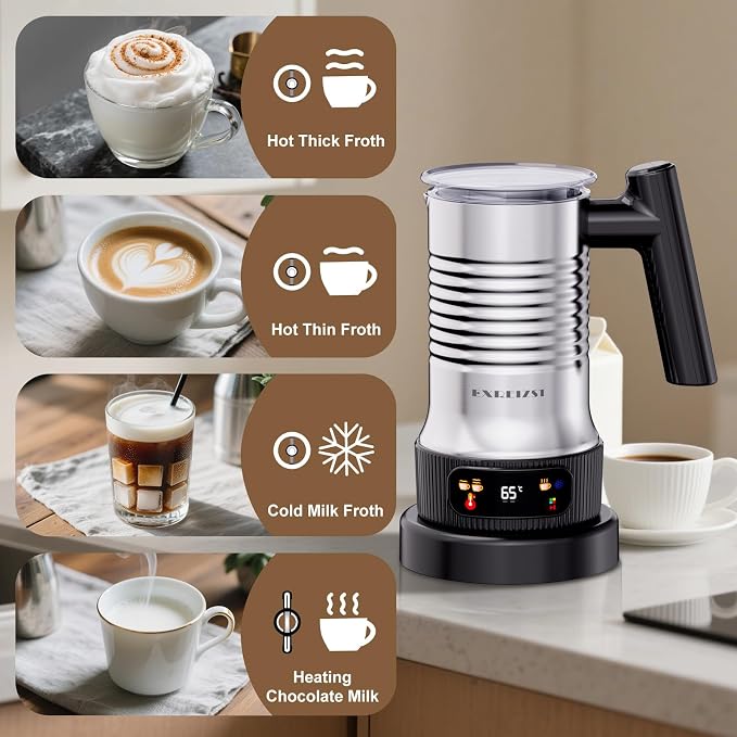 Milk Frother and Steamer, 4 in 1 Electric Milk Frother with LED Temp Display, Warm and Cold Automatic Foam Maker Stainless Steel with Touch Screen for Coffee, Latte, Cappuccino, Hot Chocolate