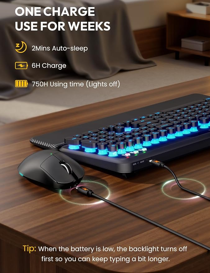 Wireless Keyboard and Mouse Combo - Backlit Typewriter Keyboard with Magnetic Wrist Rest & Phone Holder, Light Up Round Keycaps, 2.4GHz Cordless Set for Mac, Windows, PC, Laptop, SABLUTE