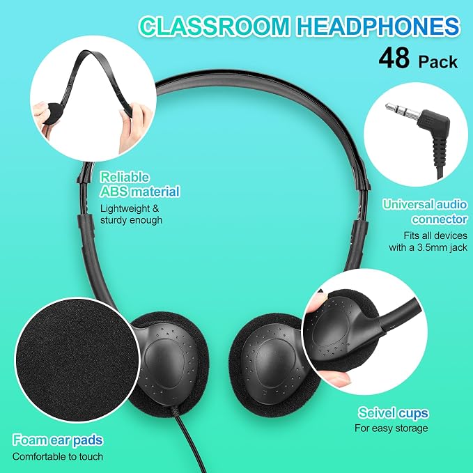 Frienda 48 Pack Classroom Headphones Bulk, Wired School Headsets for Students, Stereo Headphones with 3.5 mm Plug for Classroom, Online Learning, Library(Classic,Black)