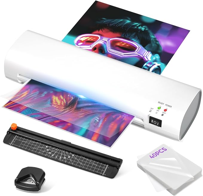 9 Inch Portable Laminator Machine with Anti-Jam Tech, All-in-One A4 Thermal Laminator w/Trimmer & Corner Rounder for Home, Office, School, Business, 40 Sheets Included（White）
