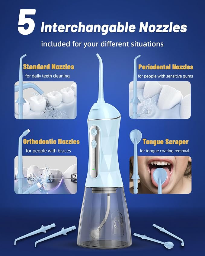 Electric Water Dental Flosser - Cordless Portable Teeth Cleaner, Rechargeable 320ML Larger Water Tank Oral Irrigator, 4 Modes with 5 Jet Tips and Travel Bag, IPX7 Waterproof (Blue)