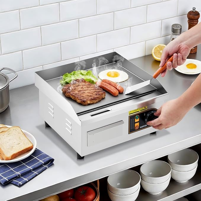 Garvee 14in Commercial Electric Griddle, 1700W Countertop Flat Top Grill, Stainless Steel Griddle Grill with 2 Shovels and 2 Brushes for Home or Restaurant, 122℉-572 ℉ Adjustable Temp
