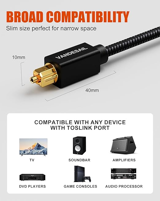 TOSLINK Optical Audio Cable - 2ft/0.6M, Slim Braided Fiber, Digital Optical Audio Cable for Soundbar Gold-Plated Compatible with PS4, Xbox, Samsung,TV