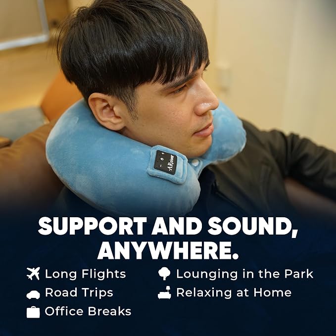 Bluetooth Music U Shaped Neck Pillow Wireless Bluetooth Speaker Memory Foam Suitable Airplane,Bus,Train,Car,Office,and Outdoor Camping The Best Travel Essentials. (Light Blue)
