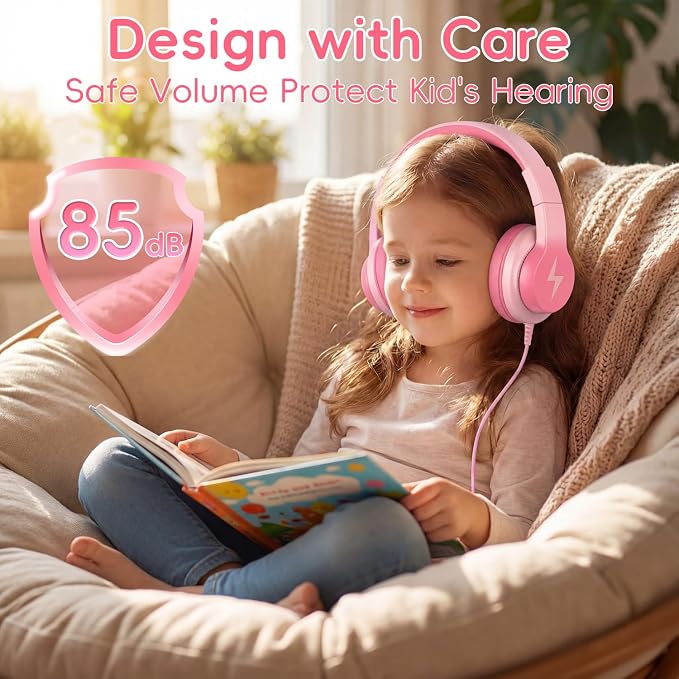 Candy Bila Wired USB C Kids Headphones, 85dB Safe Volume Limit, HD Stereo Sound, Adjustable Headband, Foldable Over-Ear Design for School, Travel, Boys, Girls, iPad, Tablet，Gradient Pink