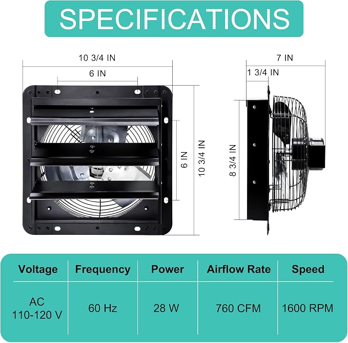 7 Inch Shutter Exhaust Fan for Greenhouse, Shed, Garage, Barn, Chicken Coop Ventilation, Wall Mount Attic Fan with Speed Controller and Power Cord, 760 CFM, Black