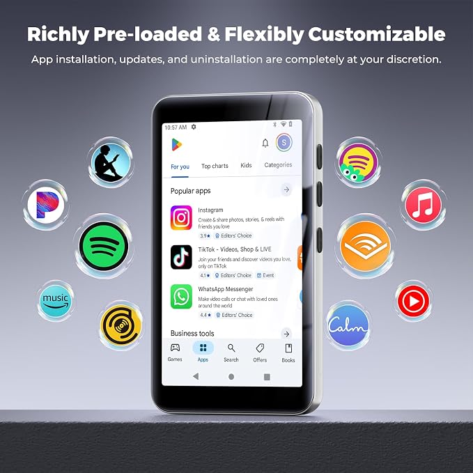 innioasis G5 MP3 Player with Bluetooth and WiFi, 160GB Player with Spotify, Spotify Kids, Pandora, Play Store, Parental Manager App, Calm, 4" HD Full Touch Screen MP4 Music Player for Kids (White)
