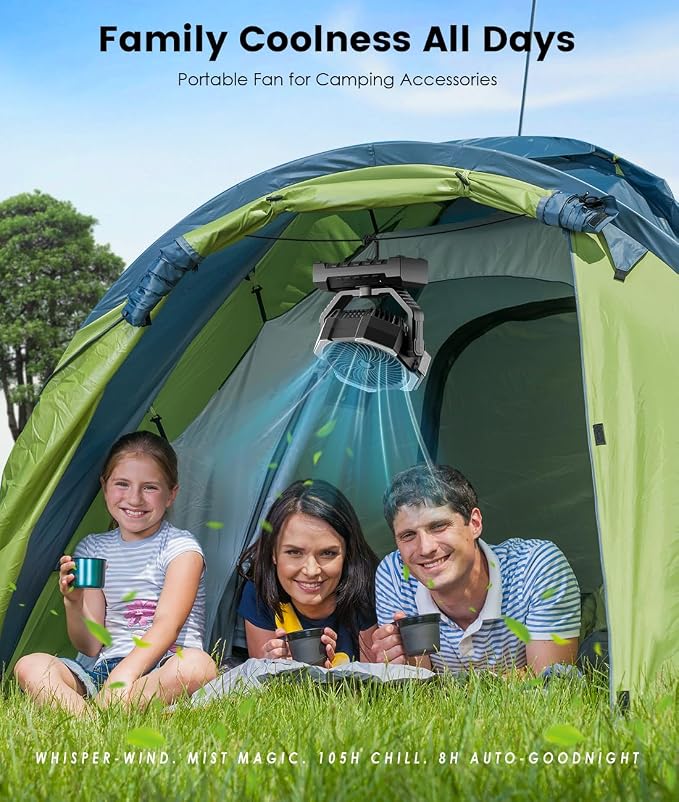 Camping Misting Fan - Portable Rechargeable Fan with 8.9oz Tank, Light, Hook - Battery Power 120H MAX Working, Fast Cooling, 4 Speed, Timer, Sleep Mode, for Outdoor, Travel, Patios, Beach