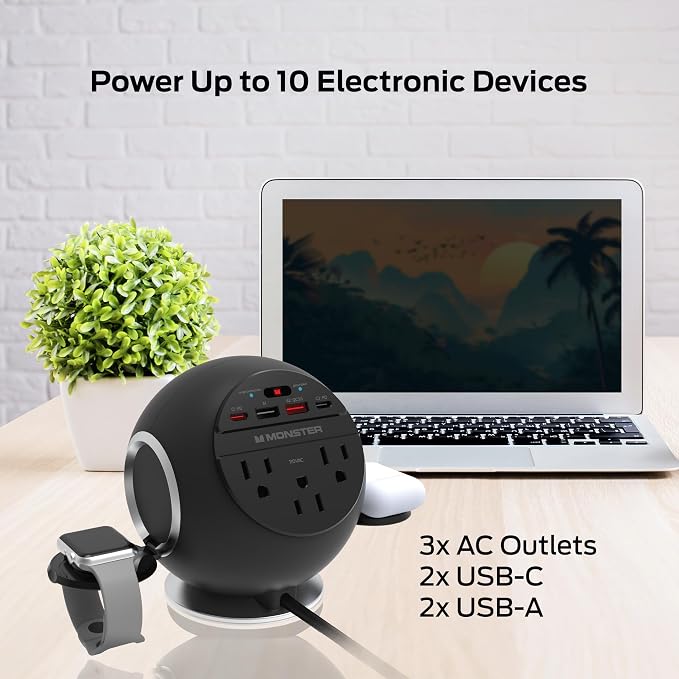 Monster 10 in 1 Charging Station, Includes 3 AC Outlets, 2 USB-A Ports, 2 USB-C PD Ports (65W Max), 3 Wireless Chargers Compatible with Qi Compatible Phones (15W), Apple Watch (5W), Air Pods (2.5W)