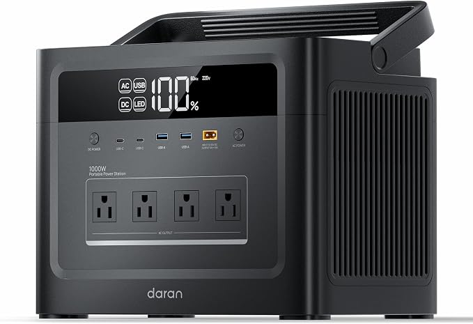 DaranEner 2026 Portable Power Station 960Wh LiFePO4 Battery, 1000W AC/USB-C PD 100W Output, 1 Hr Fast Charge, Solar Generator for Home Backup, Camping, Emergency, RV, Off-Grid Living (Surge 200W)