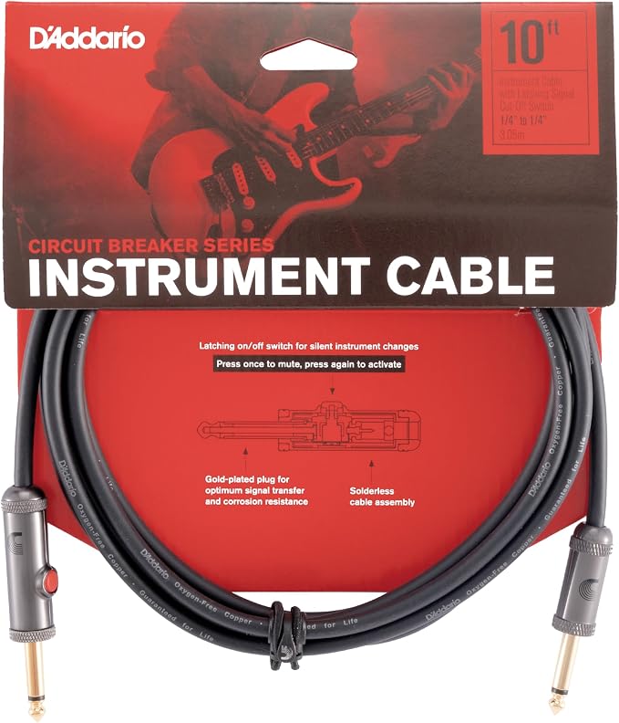 D'Addario Guitar Cable - Guitar Lead - Circuit Breaker Cable - Latching Cut-Off Switch to Mute When Changing Instrument - 10 Feet/3.05 Meters - Straight Ends - 1 Pack