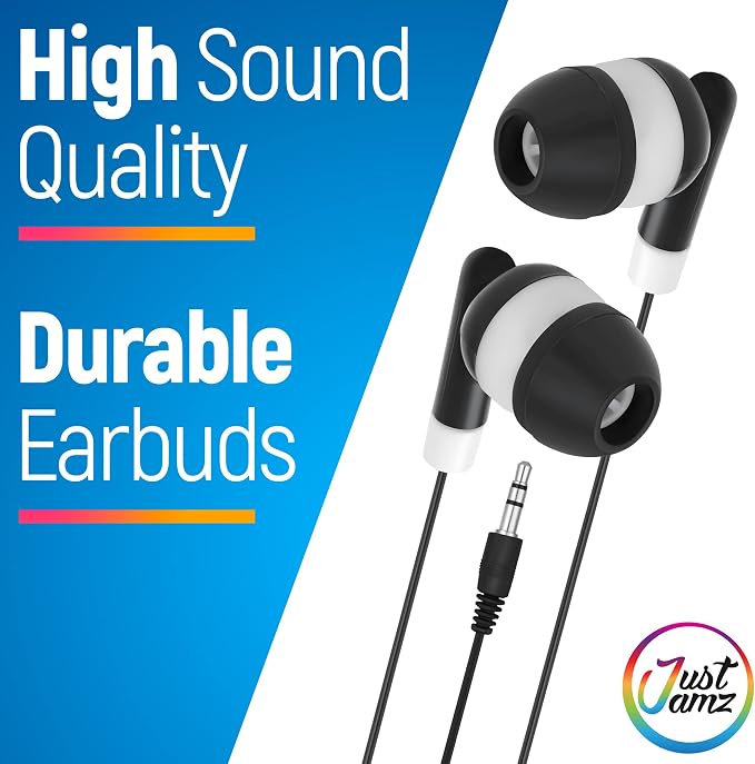 JustJamz Bulk Earbuds 100 Pack | Basic Ear Bud, Black Dot in-Ear Earphones, Disposable Headphones, Class Headphones Set for Students, Earphones for Class, Kids, Classroom, Library, Wired Earbuds