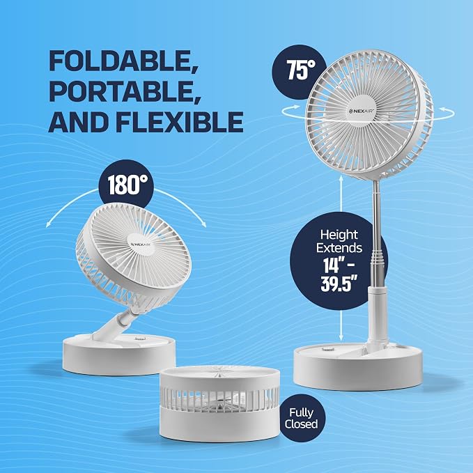 NEXAIR 8" Foldable Fan, Oscillating 4 Speed Portable Fan Adjustable Height 14”–40", Remote Controlled folding Fan with 10,000mAh Rechargeable Battery, Quiet Floor Fan For Bedroom, Great Fan For Travel