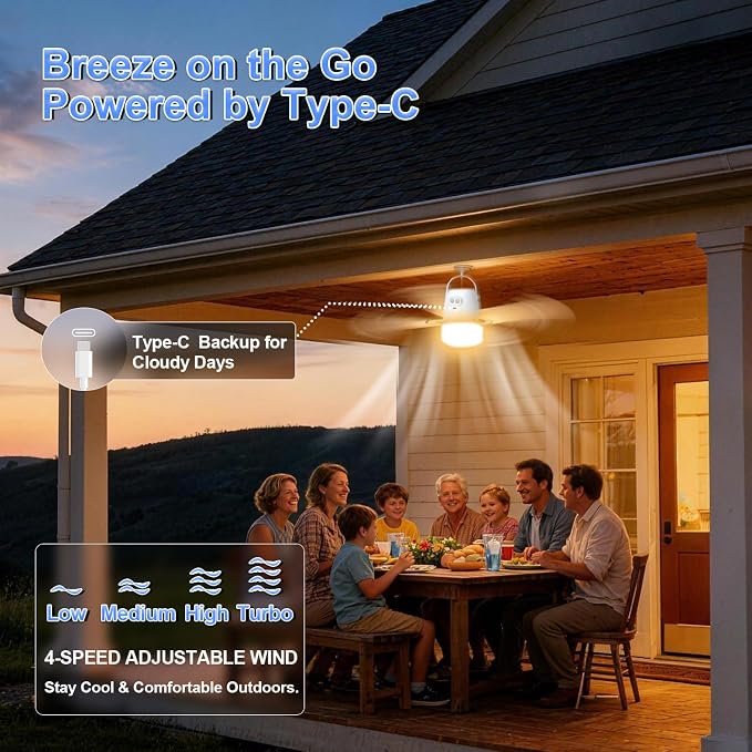Portable Camping Fan Light, 20” 20000mAh Rechargeable Ceiling Fan with Light & Remote for Outside, Gazebo, Greenhouse, Patio, Chicken Coop, Canopy, Shed, RV, Tent - White, 4 Speed Breeze & Timer