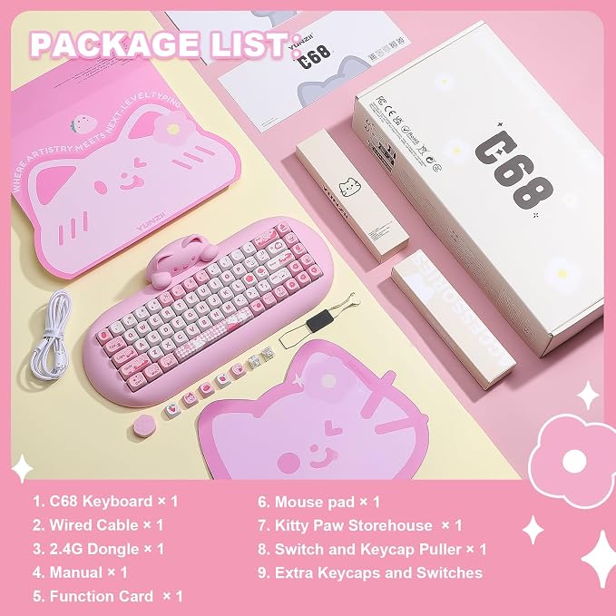YUNZII C68 Wireless Mechanical Keyboard,65% Layout,Hot Swap,Triple Mode BT5.0/2.4G/Wired, RGB Backlit NKRO,Cute Cat Silicone Ergonomic Design for Win/Mac (Pink, Milk Switch)