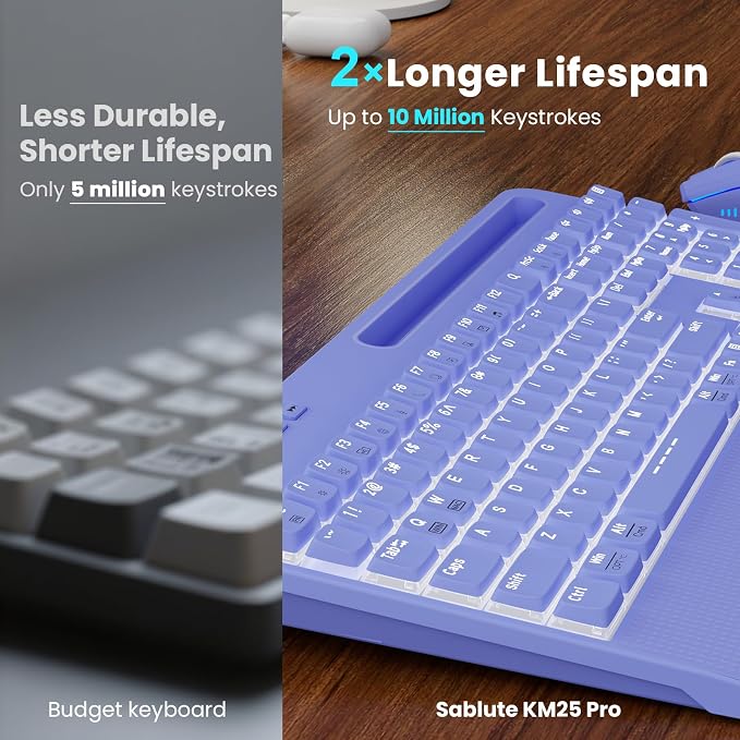 Purple Keyboard and Mouse Wireless Combo, 4000mAh Rechargeable Backlit Quiet Keyboards mice Set, USB Ergonomic Key Board with Wrist Rest & Phone Holder for PC, Mac, Windows, Natural Soft Typing