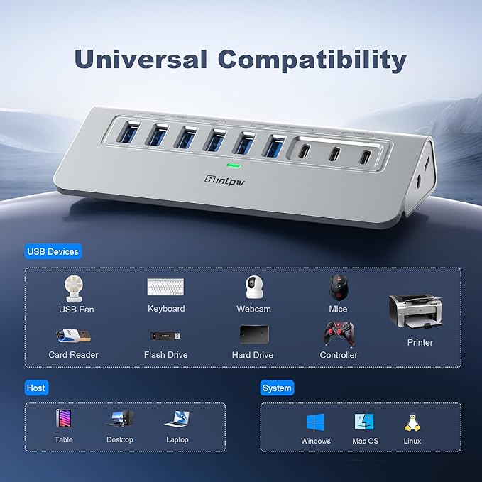 Powered USB Hub 10Gbps, intpw 9-Port USB 3.2 Hub, USB C Hub with USB A/USB C 3.2, 4 USB 3.0, 2 PD 45W Charging Ports, 65W Power Adapter and 3.3FT Cable, Aluminum USB Hub for PC,Laptop,iPhone 17/16/15