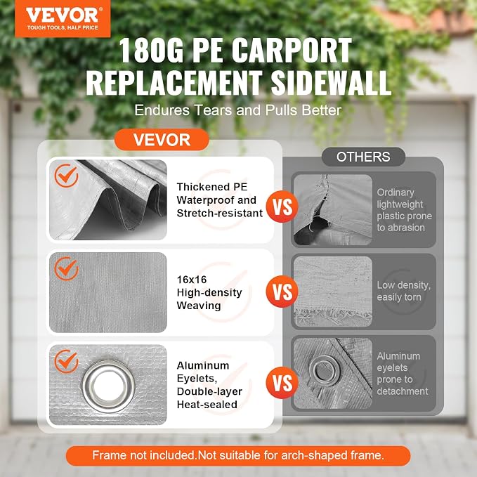 VEVOR Carport Replacement Canopy Cover Side Wall 12 x 20 ft, Garage Tent Shelter Tarp Heavy-Duty Waterproof & UV Protected, Easy Installation with Ball Bungees,Grey (Top and Frame Not Included)