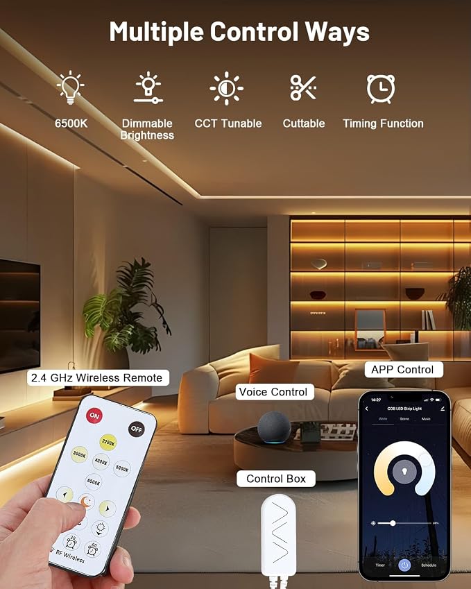 COB LED Strip Lights 16.4ft, Dimmable White CCT Tunable 2300K-6500K, DC 24V High Lumen Cuttable LED Tape Light, 3040 LED 36W CRI 90, APP Remote Control, Music Mode, For Home DIY, Living Room, Bedroom