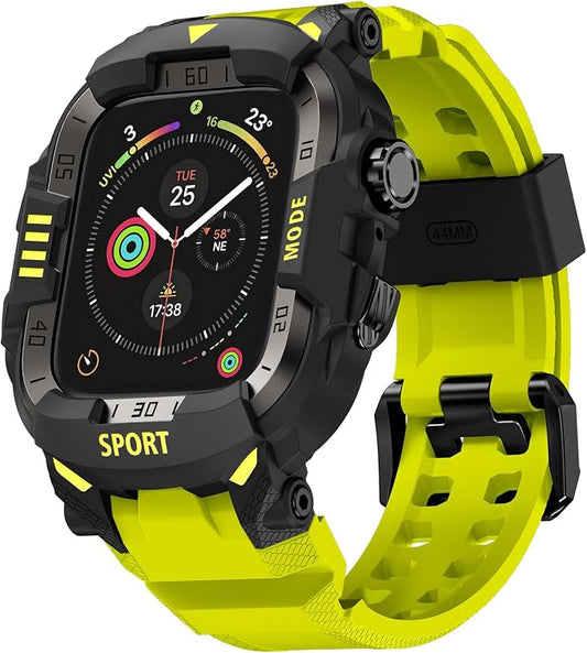 DABAOZA Rugged Case with Band Compatible with Apple Watch 44mm, for iWatch Series 6/5/4 & SE 3/2/1,Military Grade Shockproof Bumper and Men's Tactical Heavy Duty Strap (Fluorescent Green,44MM)