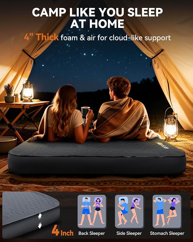 Hikenture 4" Thick Self Inflating Sleeping Pad, Foam & Air Camping Mattress, 9.5 R-Value Insulated Sleeping Mat, Portable All Season Camping Pad for Tent, Car, Cot, Truck