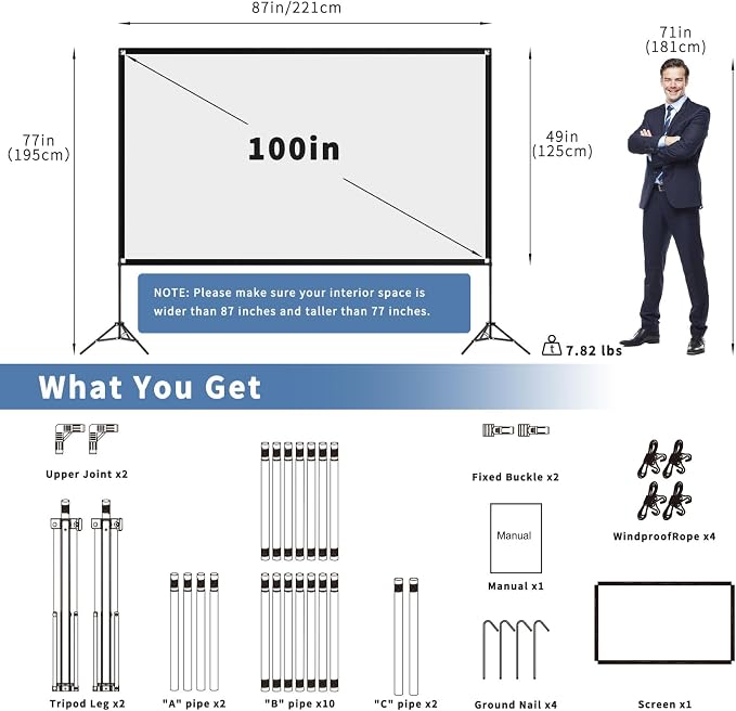 VISULAPEX Projector Screen with Stand 100 Inch, 16:9 4K HD Portable Projector Screen Indoor Outdoor, Foldable Wrinkle-Free Movie Screen 160° Front Rear Projection Screen with Carry Bag for Home Movie