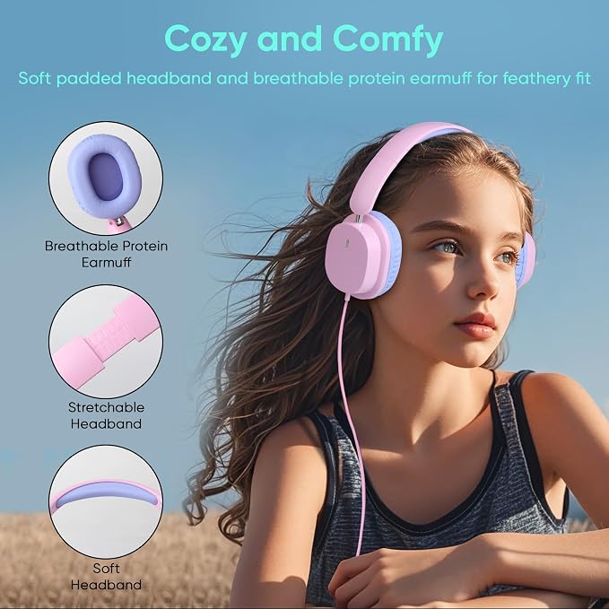 2 Pack Kids Headphones with Sharing Splitter, Stereo Sound Over-Ear Wired Headphones for Kids, Comfortable Fit, Foldable,Tangle-Free 3.5mm Jack Heaphones for School Tablet/Laptop/Computer