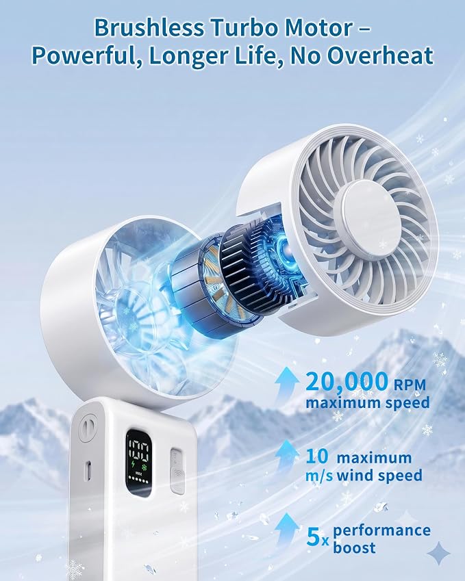 Portable Handheld Fan with Ice Cooling, 100 Speed Rechargeable Mini Desk Fan, Up to 12Hrs Cooling, Powerful Folding Personal Fan for Travel, Camping, Office (White)