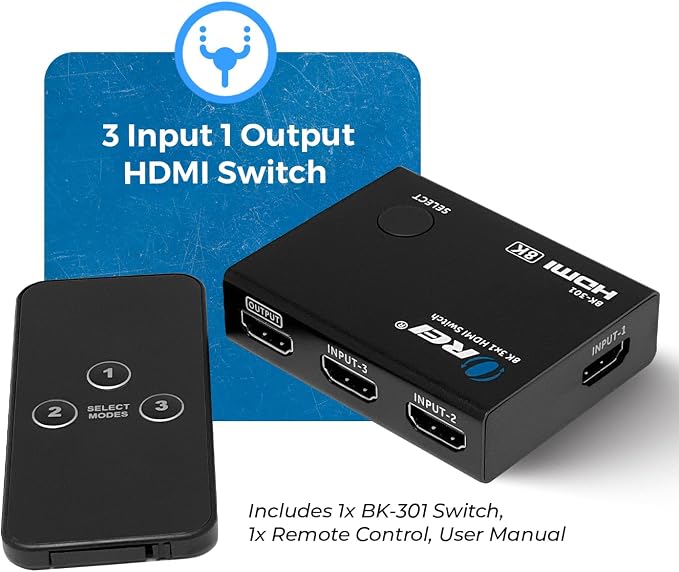 OREI 8K 3-Port HDMI 2.1 Switch, 3-in 1-Out, 8K@60Hz, CEC, HDR, IR Remote