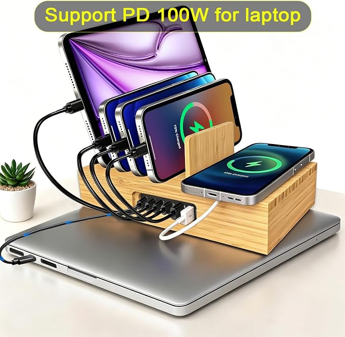 PD 100W Charging Station for Multiple Devices,6 Port USB Bamboo Charging Station Organzier with Detachable 15W 3 in 1 Wireless Charger Station for iPhone Android Apple Watch AirPod Tablet