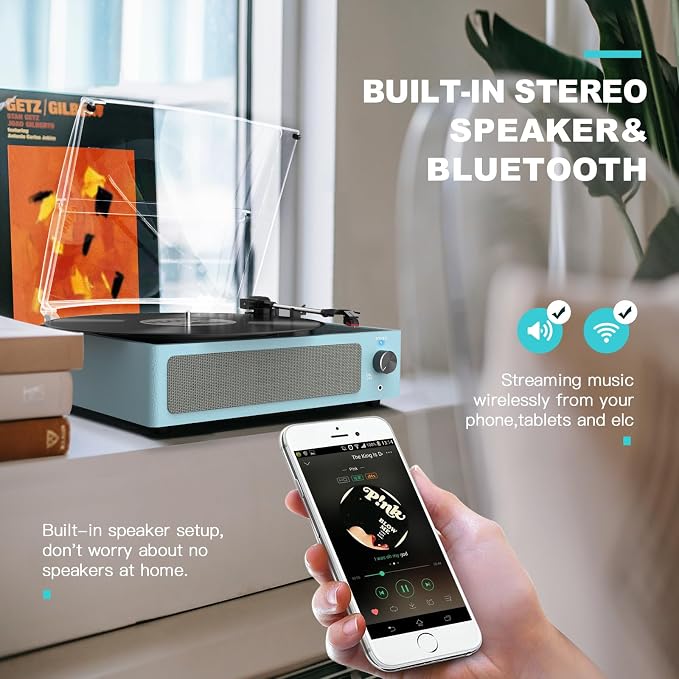 Vinyl Record Player with Speakers New Sleek Sky Blue Turntable Wireless Receiver Bluetooth Playback 3 Speed 3 Size AUX-in RCA Line Auto Stop All-in-one LP Phonograph for Beginner Classic Blue