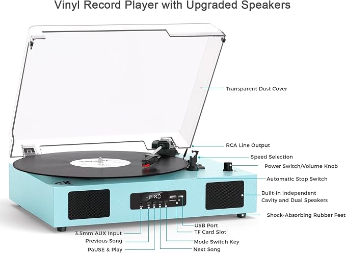 Vinyl Record Player with Bluetooth, 3-Speed Belt-Drive Turntable with Built-in Speakers, USB Recording, RCA/AUX/Headphone Jack, Classic Blue Record Player