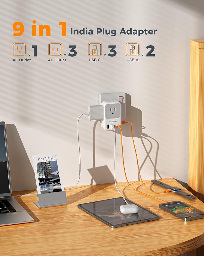 US to India Plug Adapter 2-Pack, TESSAN India Power Adapter with 4 AC Outlets & 5 USB Ports (3 USB-C 28W), Type D Travel Adaptor for USA to India Bangladesh Maldives Nepal Pakistan