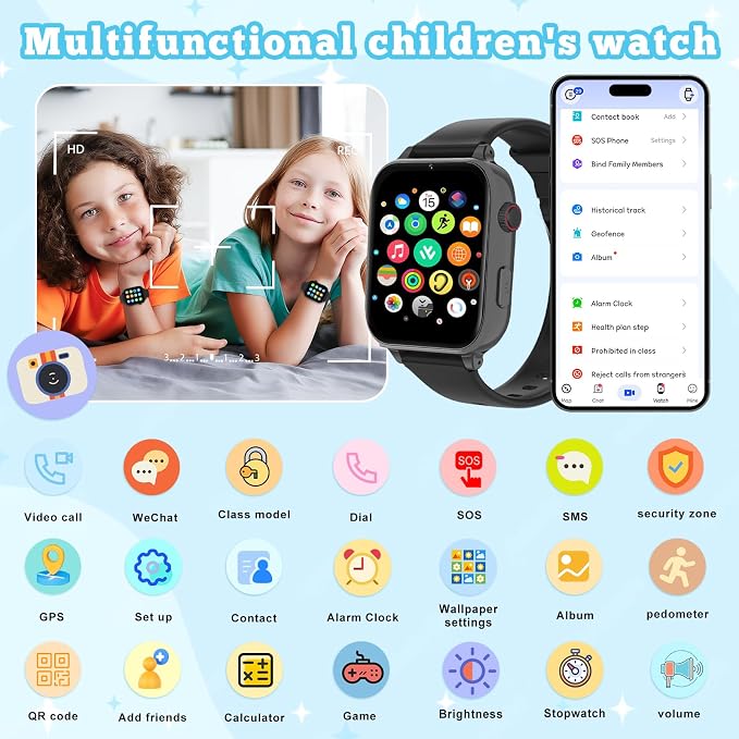 4G Kids Smart Watch GPS Tracker, Smartwatch for Kid with Video Calling, Voice Chat, Class Mode, SOS, Pedometer, Alarm, SIM Card HD Touch Screen Phone Watch Gift for 4-12 Girls Boys (Black)
