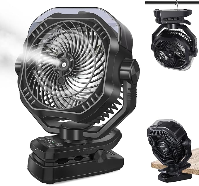 Portable Rechargeable Misting Fan with 12oz Mist, Battery Life Display, Remote, Timer, Light, 5 Speeds, 9-Inch, 20000mAh 120H Battery Powered Clip Fan for Stroller, Travel, Outdoor, Poweroutage