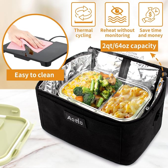 Aotto Electric Lunch Box Food Warmer: 110V/120V Mini Heated Lunch Box Food Heater with Wall Plug for Men and Women - Reheat & Keep Meals Warm for Work, Office, and Construction - Black