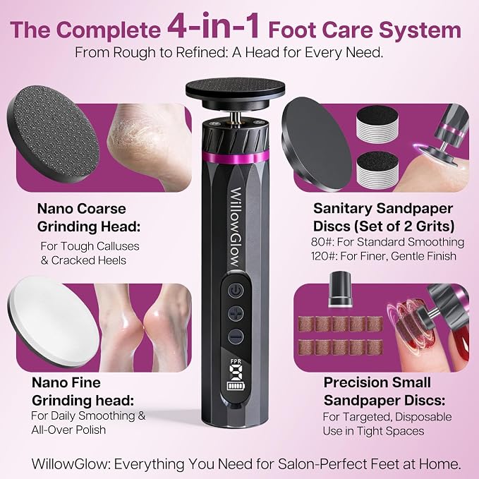 Professional Electric Foot Callus Remover, 9-Speed Cordless Foot File with Reusable Nano Glass Heads & Sandpaper for Dead Skin Removal and Smooth Feet