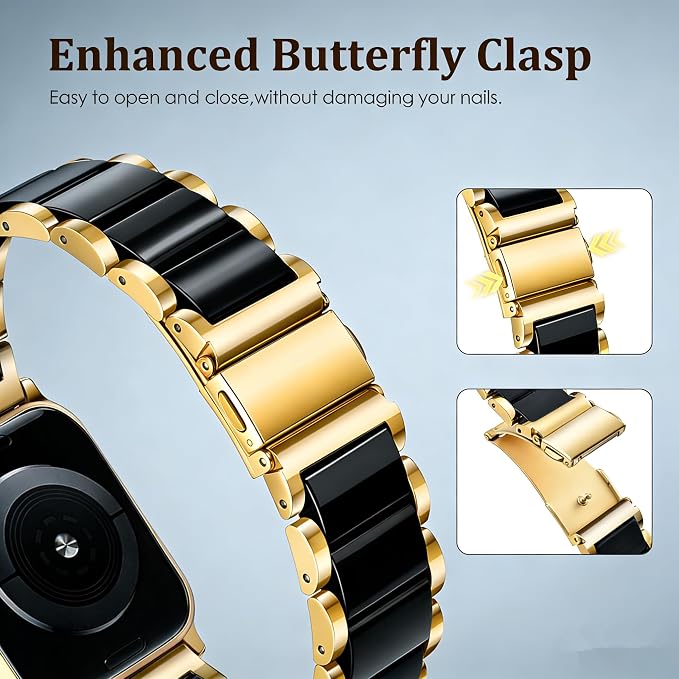 V-MORO Compatible with Apple Watch Band 41mm 42mm 40mm 38mm Series 11/10/9/8 Fashion Strap Women,Stainless Steel Resin Band Bracelet Replacement for iWatch Ultra/SE/7/6/5/4/3/2/1-Black+Gold