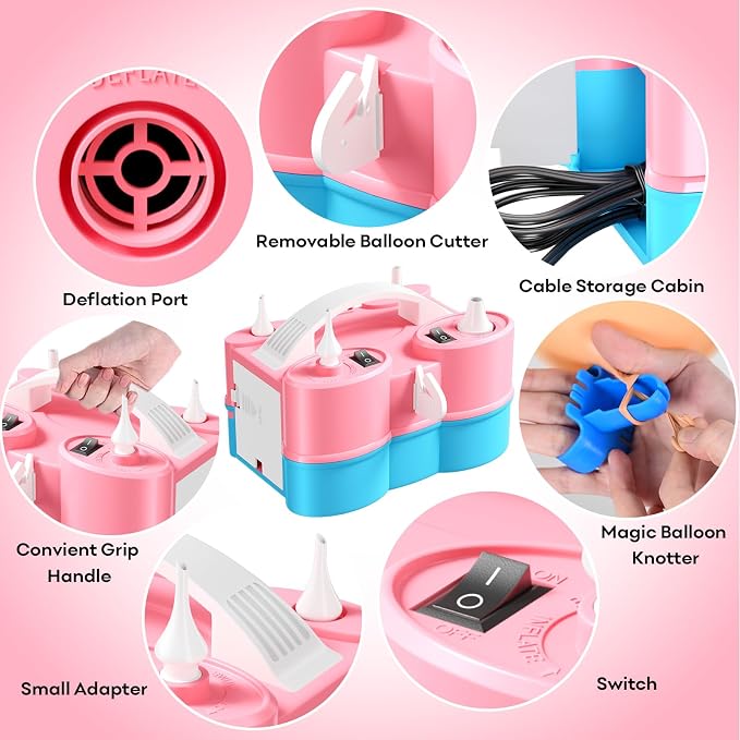 Biapian Balloon Pump Electric, 3-in-1 Portable Electric Air Pump for Balloons and Inflatables, Dual Nozzle Balloon Blower Machine for All Latex 260q Foil Balloon Inflator Deflator for Party Decoration