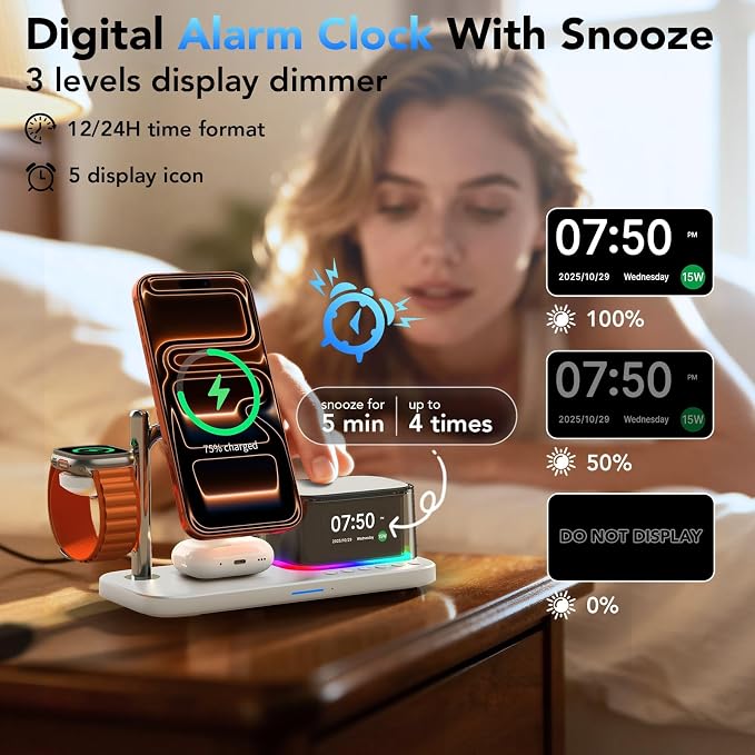 Alarm Clock with Wireless Charging,7 in 1 Charging Station with Night Light,Bluetooth Speakers,Qi2.2 25W Magnetic Charger for iPhone 17 16 15 14 13 12 Pro Max Plus Apple Watch Airpods,Bedroom
