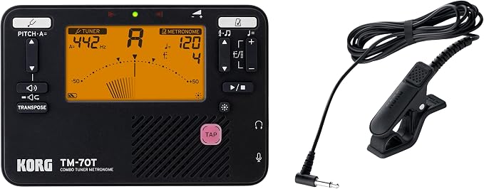 Korg TM-70C Tuner and Metronome w/ Contact Mic, Sound Out Mode, Transpose Mode, and Chromatic Mode - Black