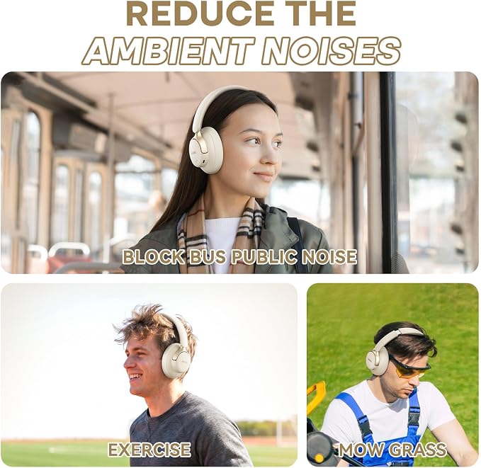 BERIBES Upgraded Hybrid Active Noise Cancelling Headphones with Transparent Modes, 70H Playtime Wireless Bluetooth Headphones with Mic (Beige)