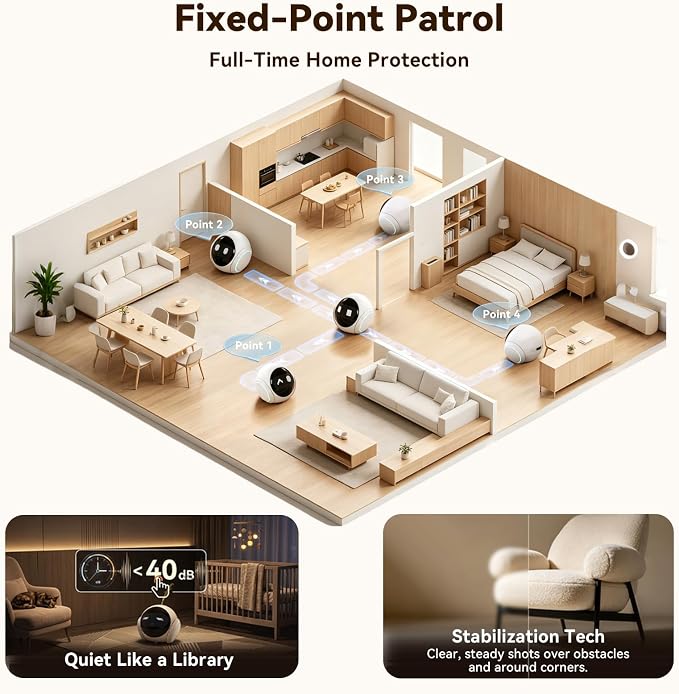 Vivideye Pet Camera 1080P, Movable Robot Security Camera for Dog Cat, Rolling Robot Indoor Camera with Talk,Battery-Operated, Auto-Recharge, Night Vision,SD/Cloud Storage, Pet/Human/Voice Detection
