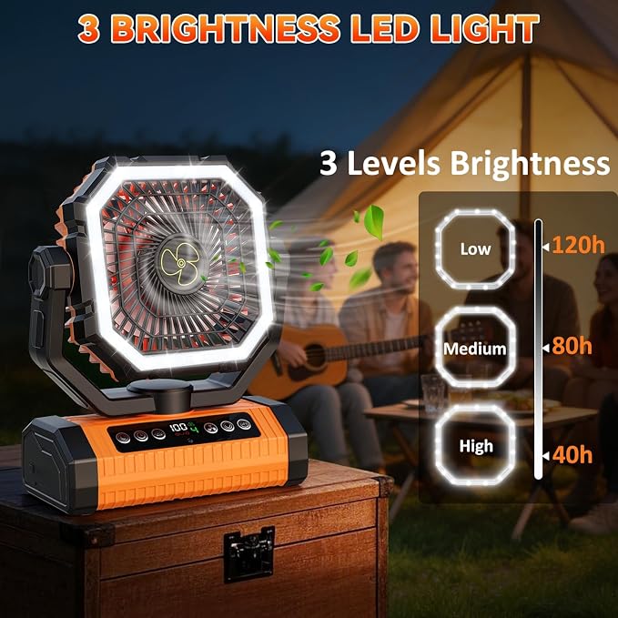 Camping Fan Rechargeable, 24000mAh Battery Powered Fan with Digital Display, 4 Speed Rechargeable Fans Portable with Remote, Cordless Battery Operated Fans with LED Light and Hanging Hook for Outdoor