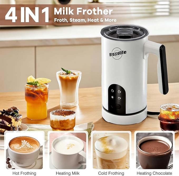 4-in-1 Electric Milk Frother, 350ml/11.8oz Automatic Milk Steamer Machine for Coffee, Hot & Cold Milk Froth Maker for Latte, Cappuccino, Quiet One-Touch Operation, Easy to Clean (White)