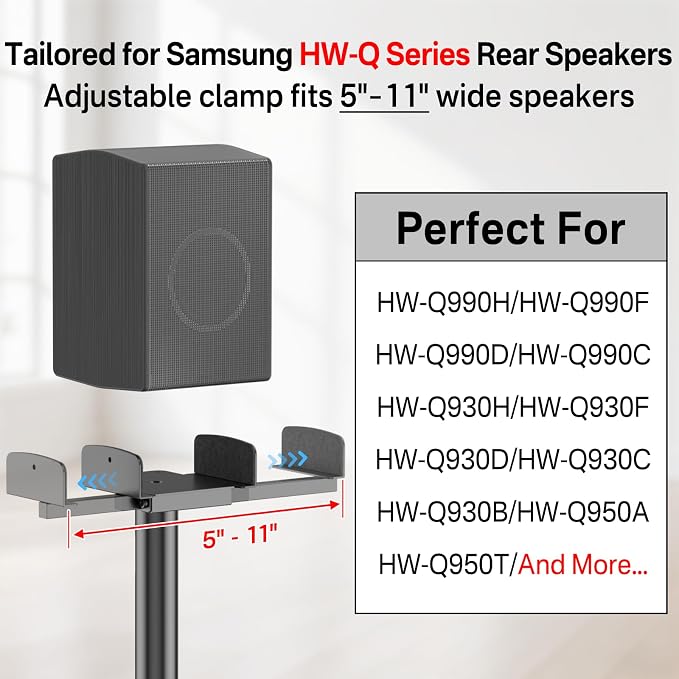 Speaker Stands Pair for Samsung HW-Q990H/Q990F/Q990D/Q930H/Q930F - Height Adjustable Extend 29” to 37.5”, Dual Side Clamp Surround Speaker Stand for Samsung Rear Speaker Stands with Cable Management