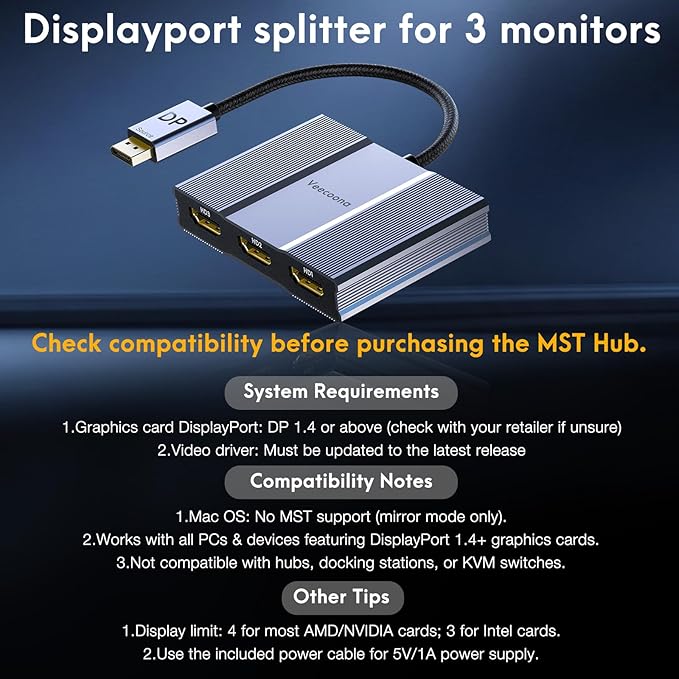 DisplayPort to HDMI Adapter 1 in 3 Out | 4K60Hz, DP Source to HDMI Splitter Extended Display port splitter for 3 monitors, MST Hub for Desktop,Laptop,NVIDIA, AMD Graphics Card - MACOS Not Support MST